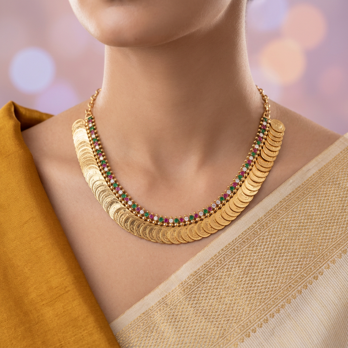 Heritage gold plated white stone coin short  necklace H52333