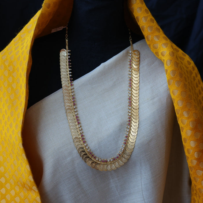 Heritage gold plated ruby white stone coin long necklace HL5783