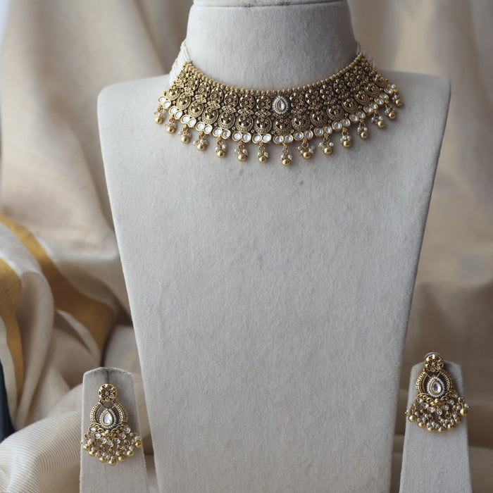 Antique gold and pearl choker necklace with earrings CCB239898
