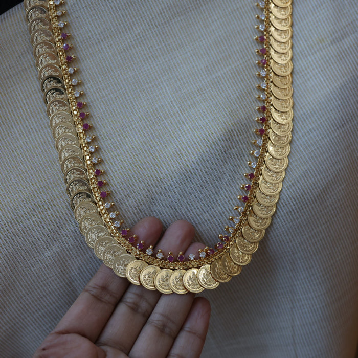 Heritage gold plated ruby white stone coin long necklace HL5783
