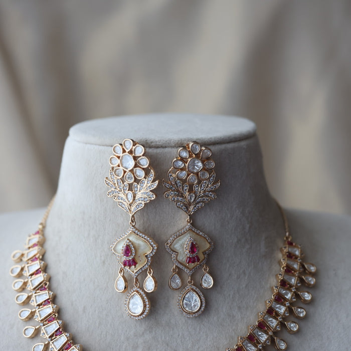 Kundan ruby white stone short necklace with earrings MS134