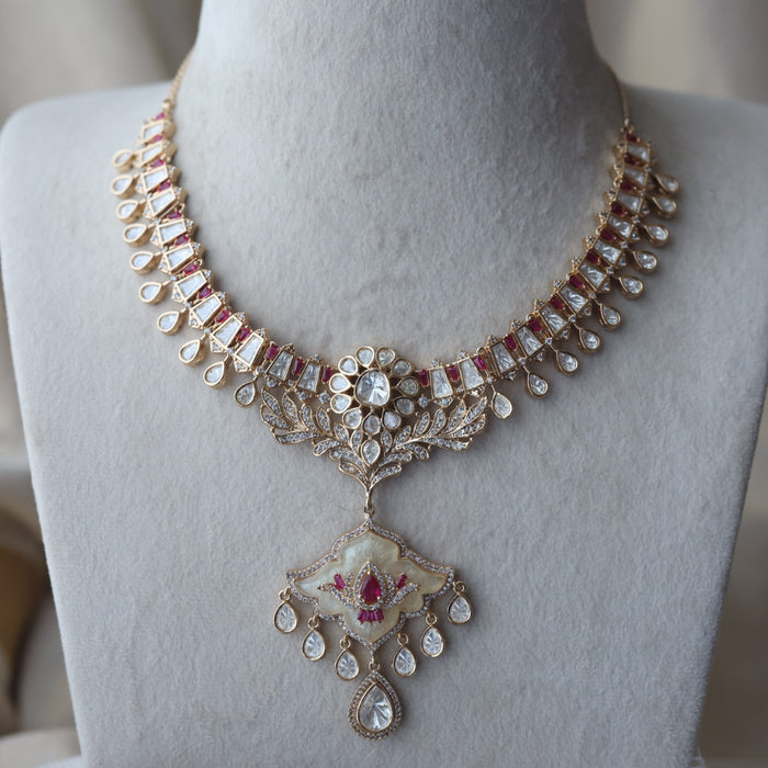 Kundan ruby white stone short necklace with earrings MS134