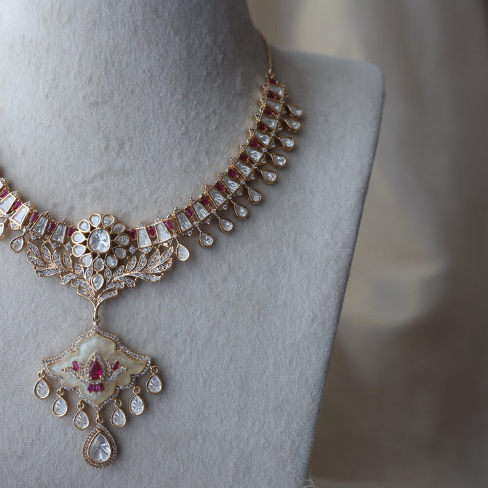 Kundan ruby white stone short necklace with earrings MS134