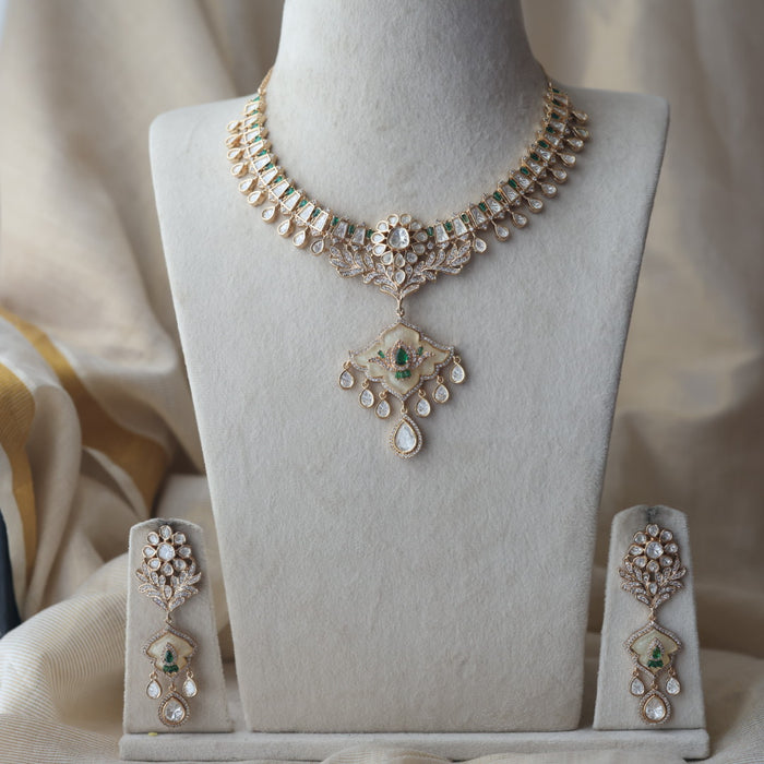 Kundan green white stone short necklace with earrings MS134