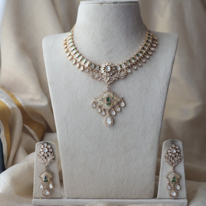 Kundan green white stone short necklace with earrings MS134