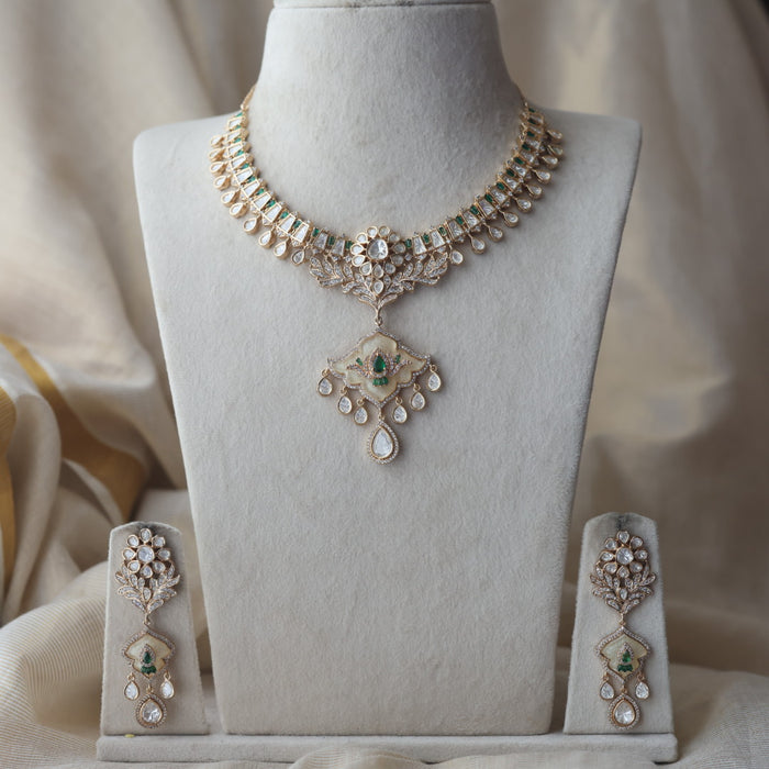 Kundan green white stone short necklace with earrings MS134