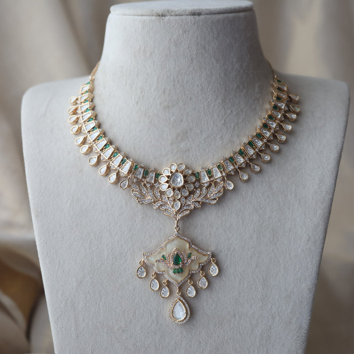 Kundan green white stone short necklace with earrings MS134