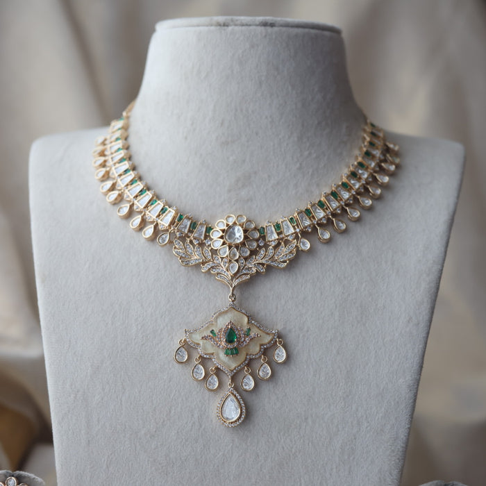 Kundan green white stone short necklace with earrings MS134