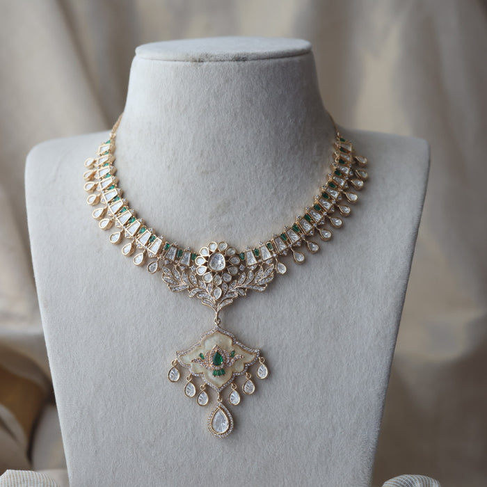 Kundan green white stone short necklace with earrings MS134