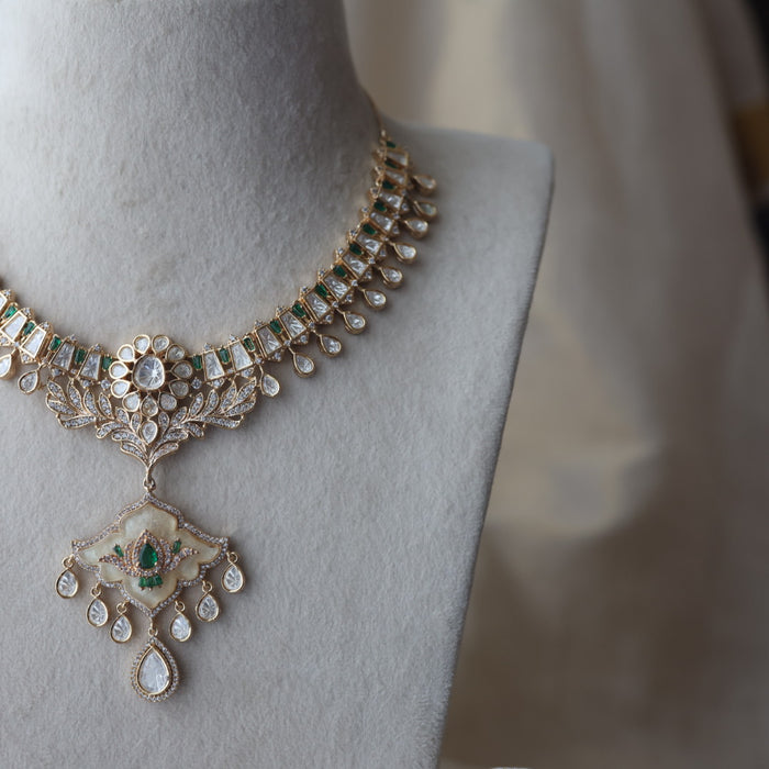 Kundan green white stone short necklace with earrings MS134