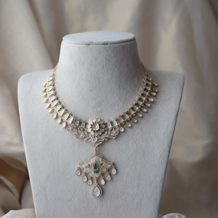 Kundan green white stone short necklace with earrings MS134