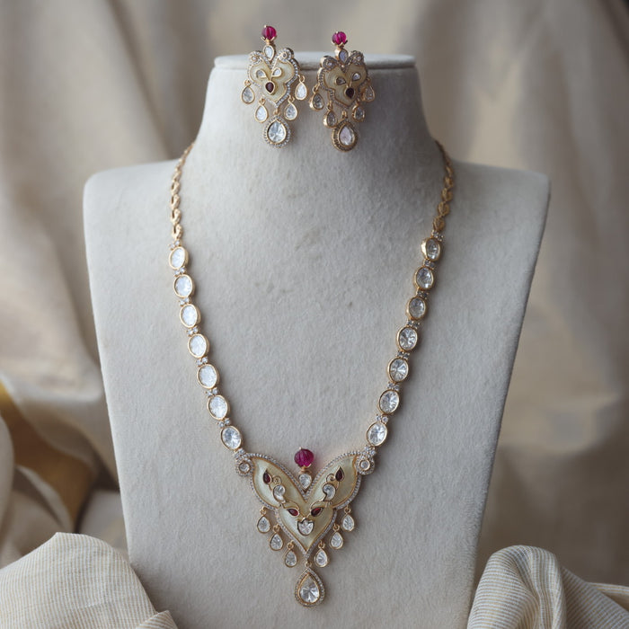 Kundan ruby white stone short necklace with earrings IN134