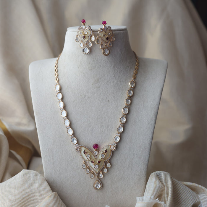 Kundan ruby white stone short necklace with earrings IN134