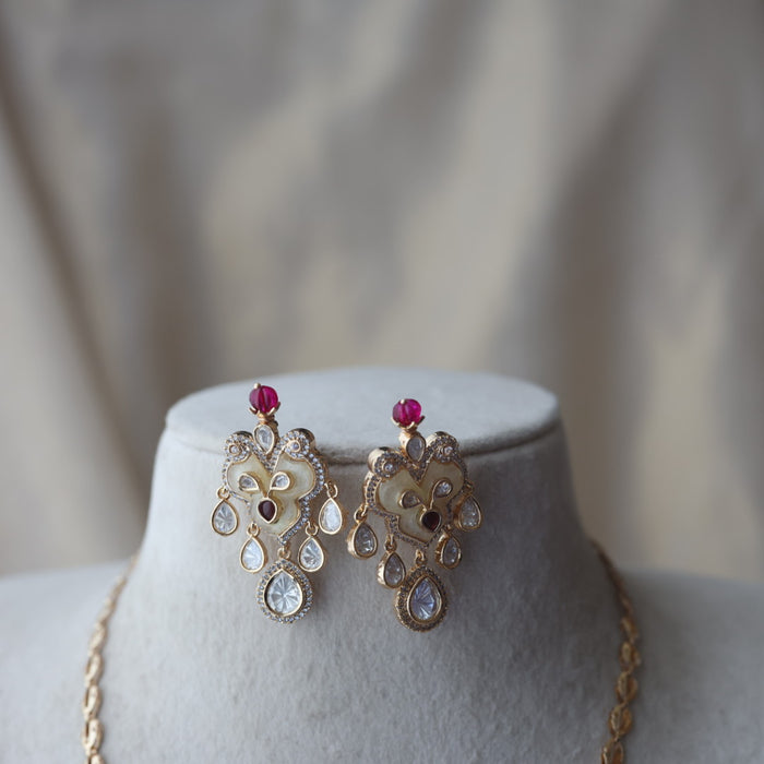Kundan ruby white stone short necklace with earrings IN134