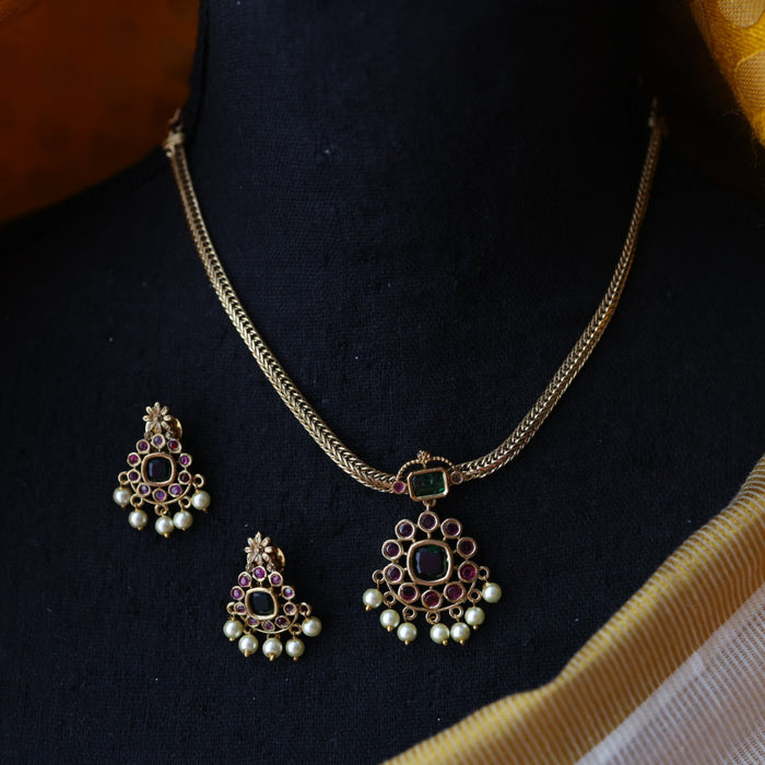Antique ruby stone short necklace and earrings SS10876