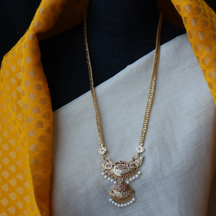 Heritage gold plated ruby white stone padakam long necklace HP5178