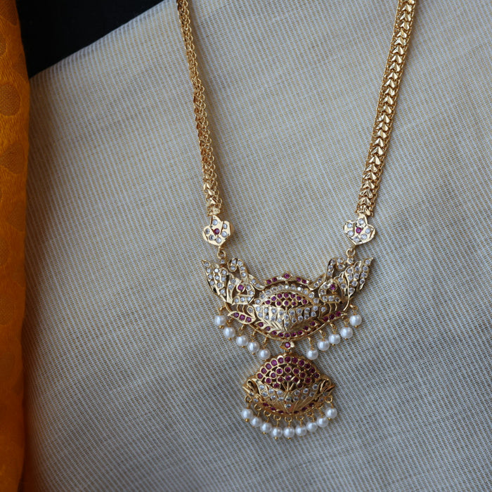 Heritage gold plated ruby white stone padakam long necklace HP5178