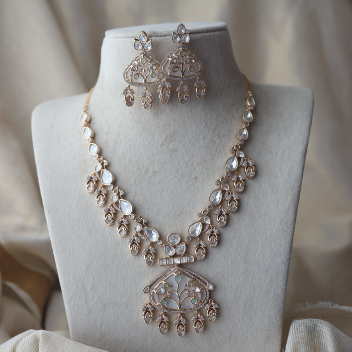 Kundan mint green and white stone short necklace with earrings MS17224