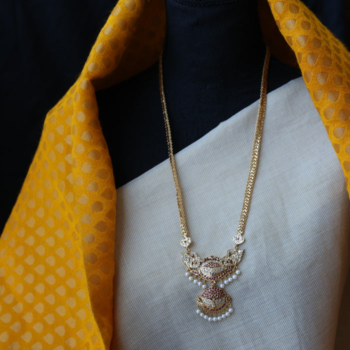Heritage gold plated ruby white stone padakam long necklace HP5178