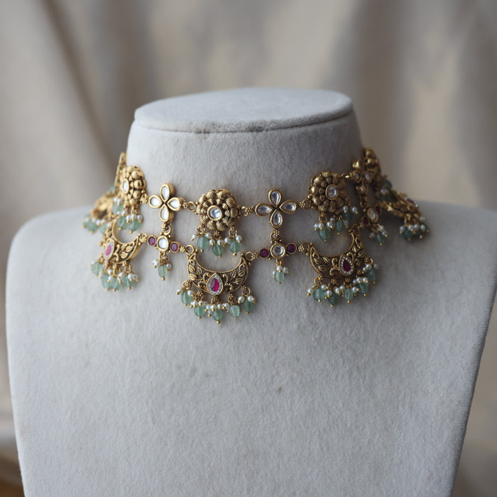 Antique kemp stone green bead choker necklace and earrings CCB11212