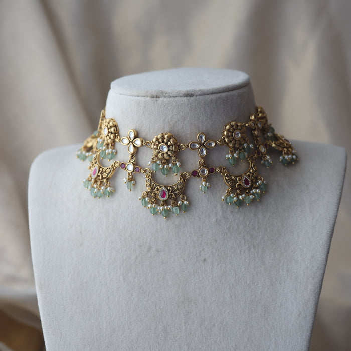 Antique kemp stone green bead choker necklace and earrings CCB11212