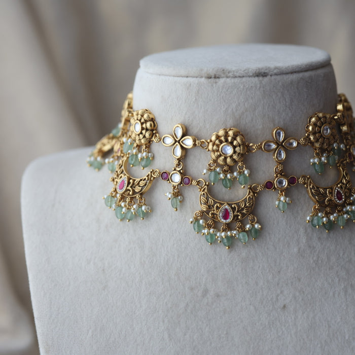 Antique kemp stone green bead choker necklace and earrings CCB11212