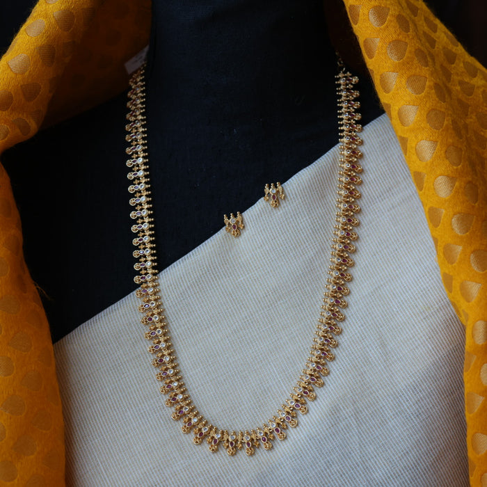 Heritage gold plated ruby white stone long necklace with earrings HL5822