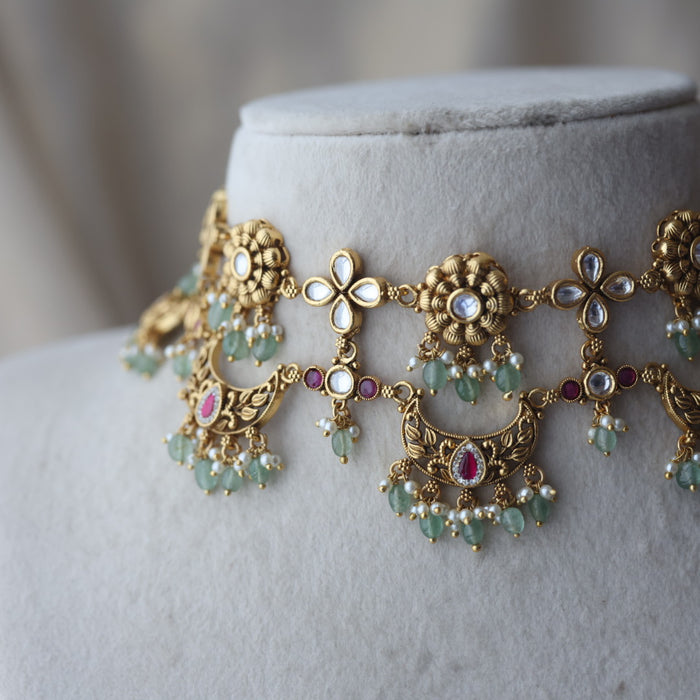 Antique kemp stone green bead choker necklace and earrings CCB11212