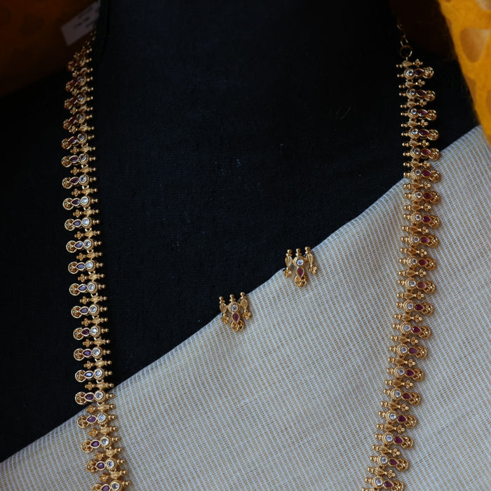 Heritage gold plated ruby white stone long necklace with earrings HL5822