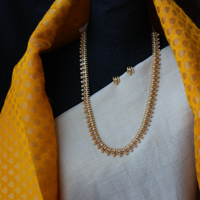 Heritage gold plated ruby white stone long necklace with earrings HL5822