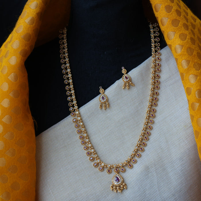 Heritage gold plated white stone long necklace with earrings HL5801