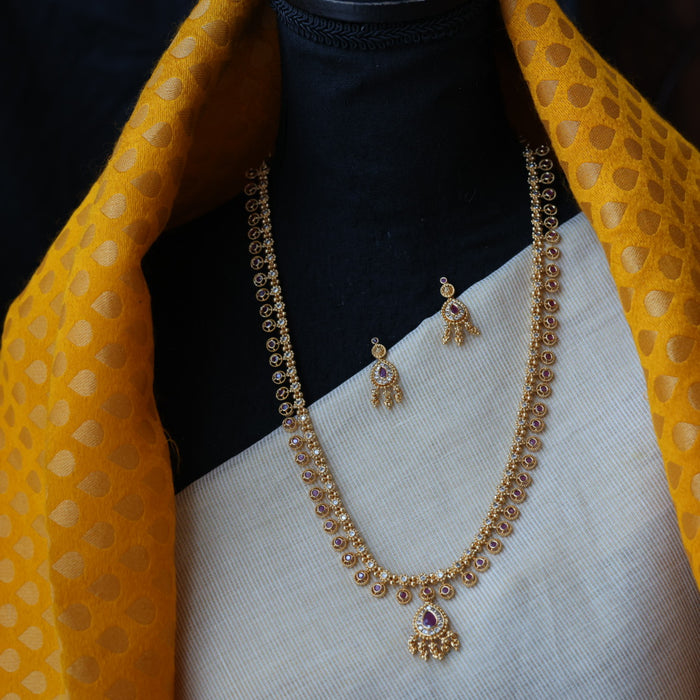 Heritage gold plated white stone long necklace with earrings HL5801