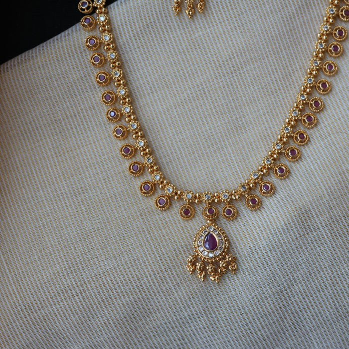 Heritage gold plated white stone long necklace with earrings HL5801