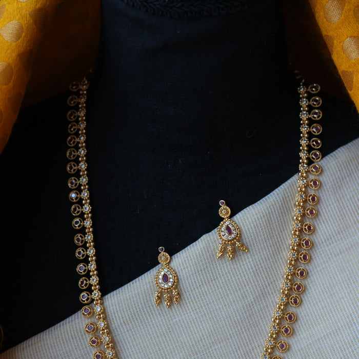 Heritage gold plated white stone long necklace with earrings HL5801