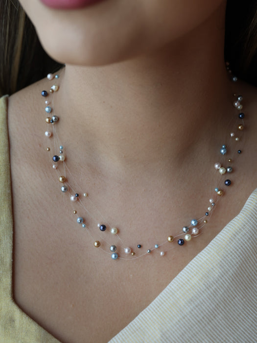 Invisible multi colour pearl layer short necklace IN1116