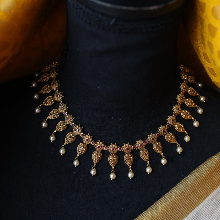 Antique gold and pearl short necklace and earrings SS10876