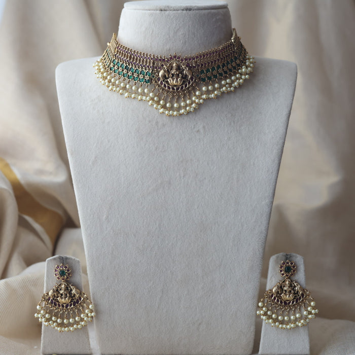 Antique ruby green stone choker necklace with earrings CCB2432