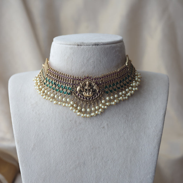 Antique ruby green stone choker necklace with earrings CCB2432