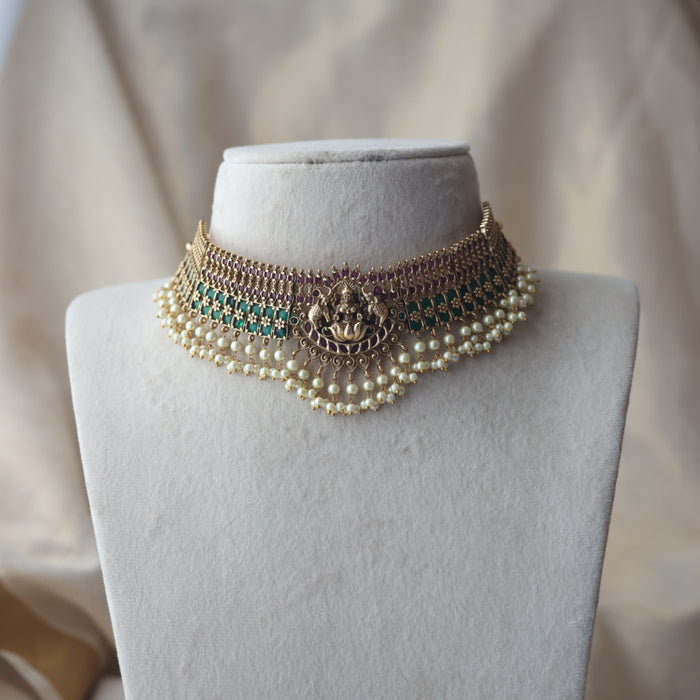 Antique ruby green stone choker necklace with earrings CCB2432
