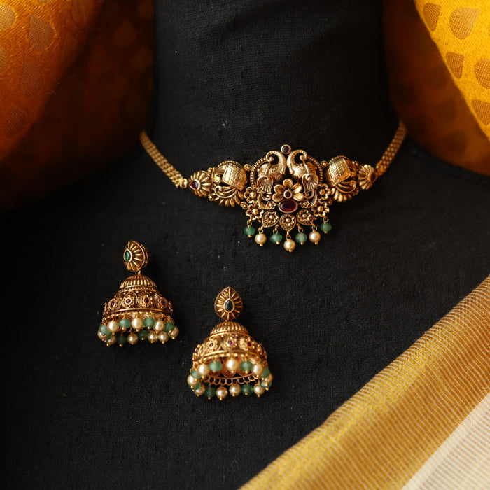 Antique green pearl choker necklace and earrings CCB1680