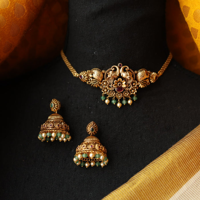 Antique green pearl choker necklace and earrings CCB1680