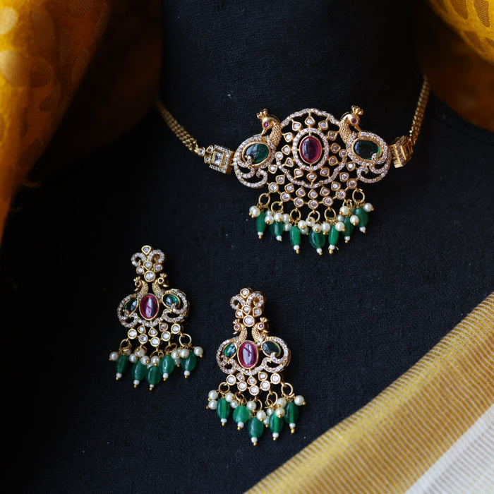 Antique green bead choker necklace with earrings CCB13119