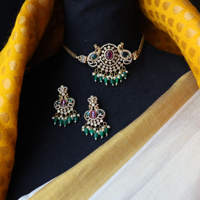 Antique green bead choker necklace with earrings CCB13119