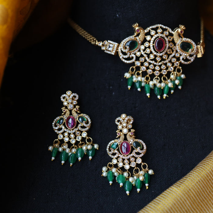 Antique green bead choker necklace with earrings CCB13119