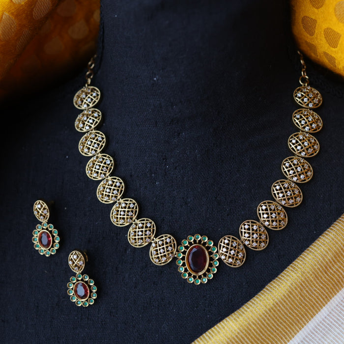 Antique ruby green stone short necklace and earrings SS10321