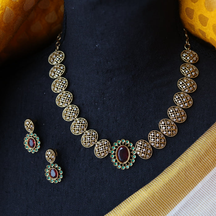 Antique ruby green stone short necklace and earrings SS10321