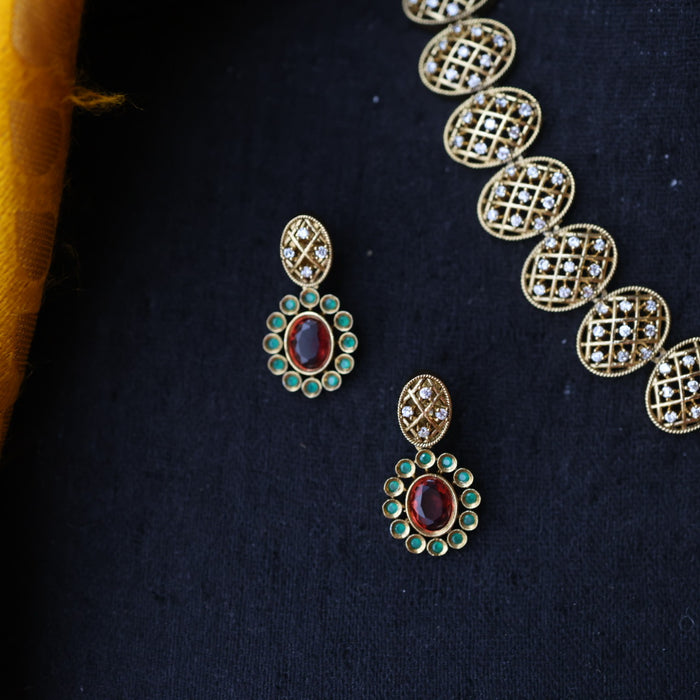 Antique ruby green stone short necklace and earrings SS10321