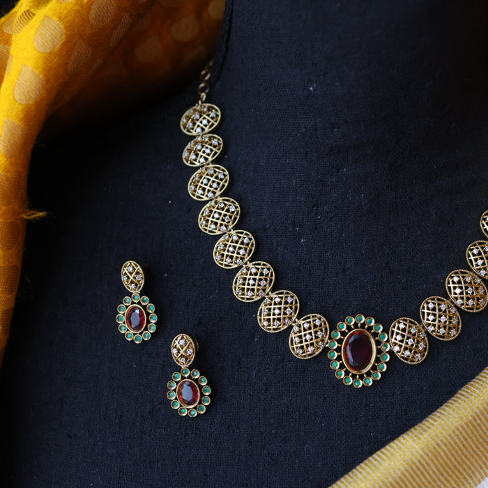 Antique ruby green stone short necklace and earrings SS10321