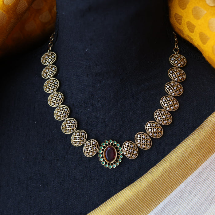 Antique ruby green stone short necklace and earrings SS10321