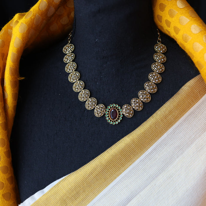 Antique ruby green stone short necklace and earrings SS10321